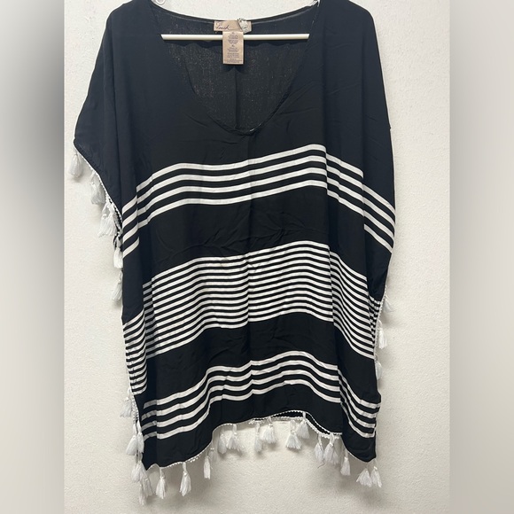 Black and White Striped Swim Coverup with Tassel Hem - Picture 3 of 8